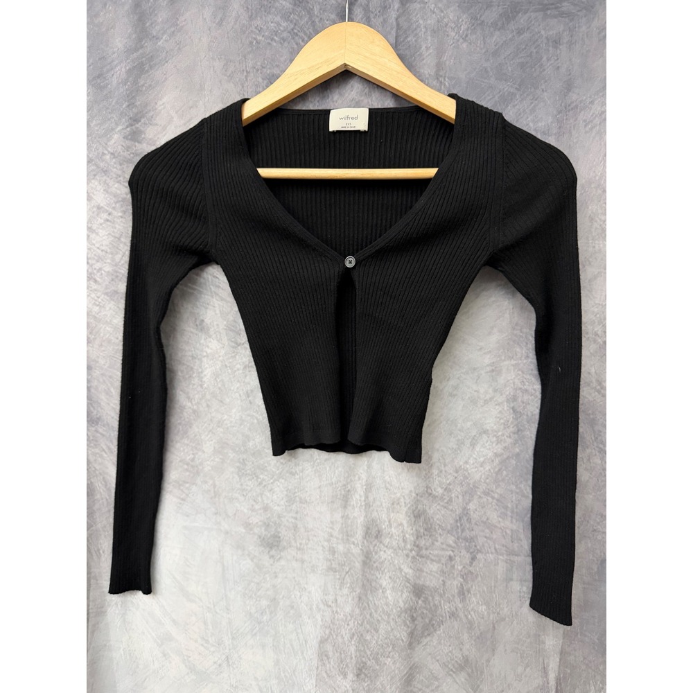 Wilfred Aritzia Black Ribbed Knit Single Button Cropped Cardigan Top 2XS